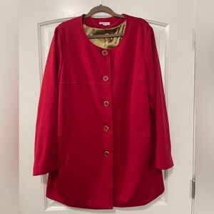 Susan Graver Red Collarless Dress Coat w/ Satin Lining | XL